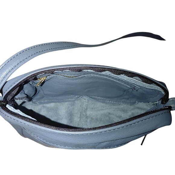 Leather Crossbody Small Blue Bag  Adjustable Strap Multiple Zippered Pockets - Picture 10 of 12
